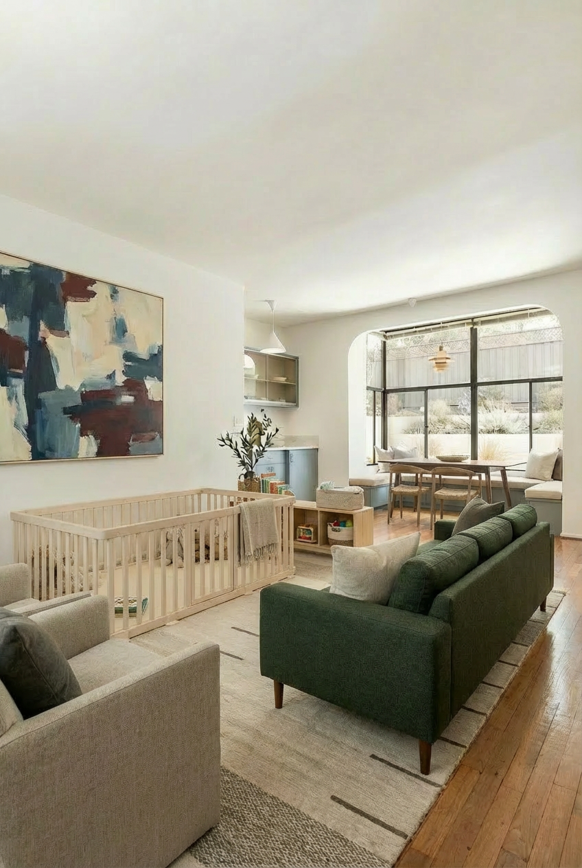 Montessori-inspired baby play area in a living room with play mat and playpen designed for independent play