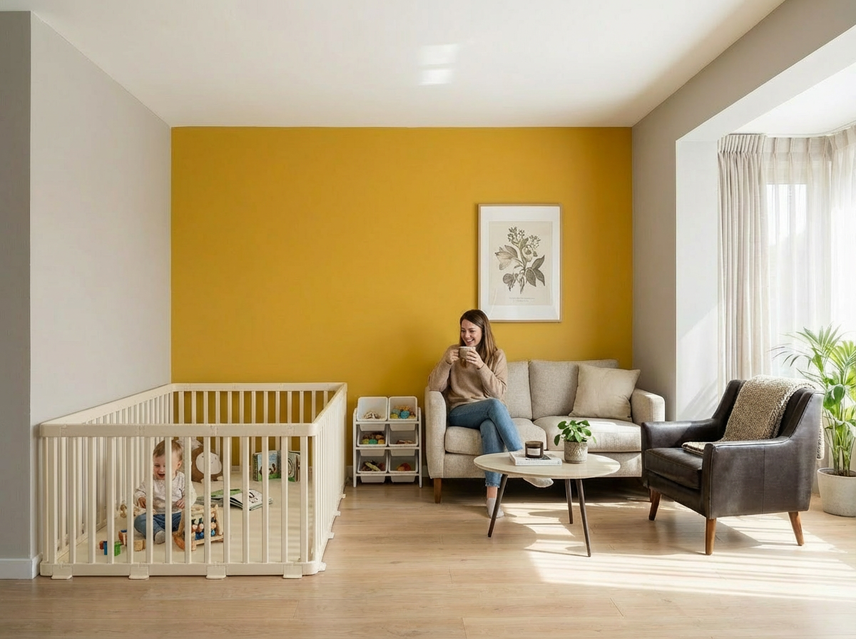 Baby playing inside a modern living room play area with cushioned play mat and baby playpen