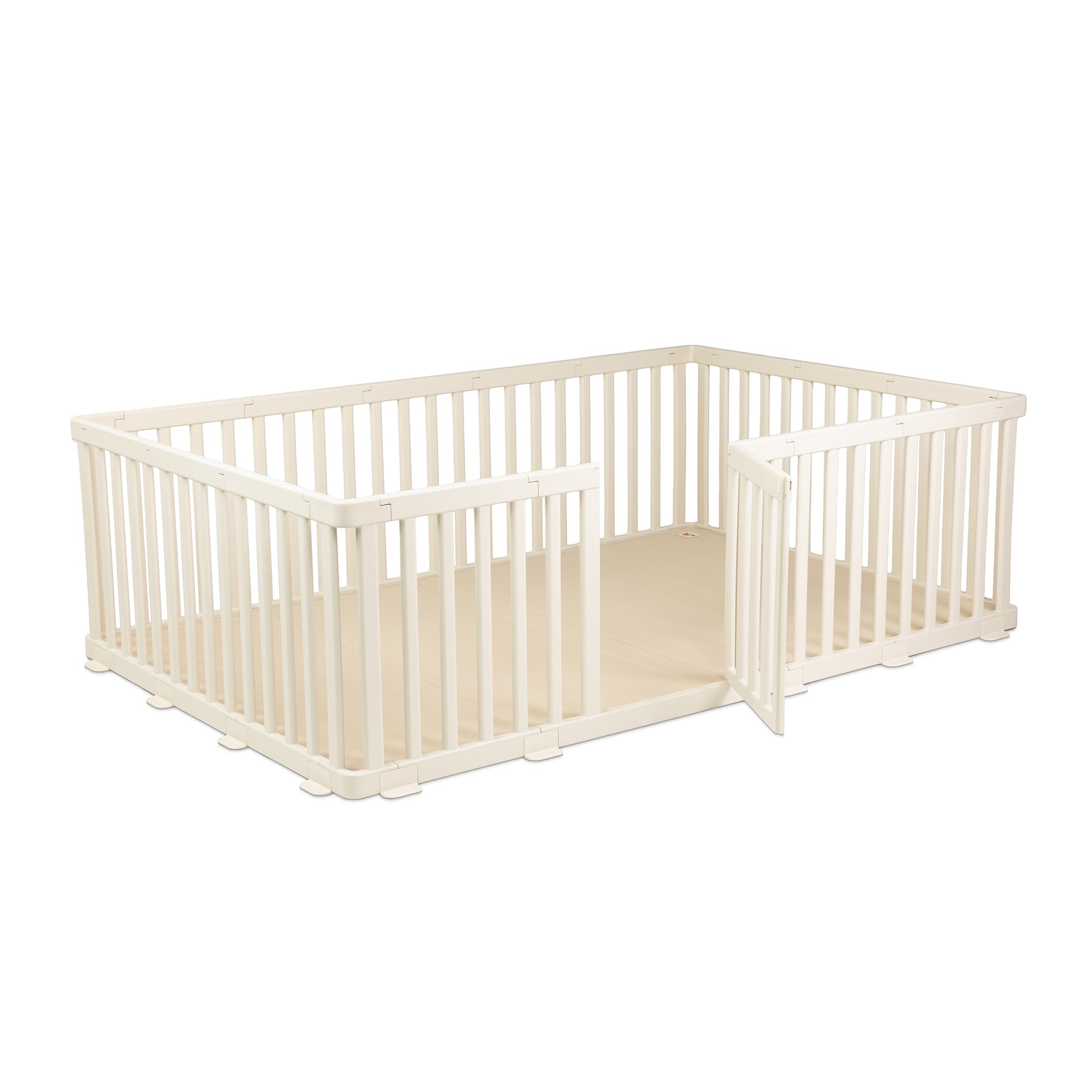 Taupe Matty's Room The Playroom, baby playmat inside white playpen with door open on white background