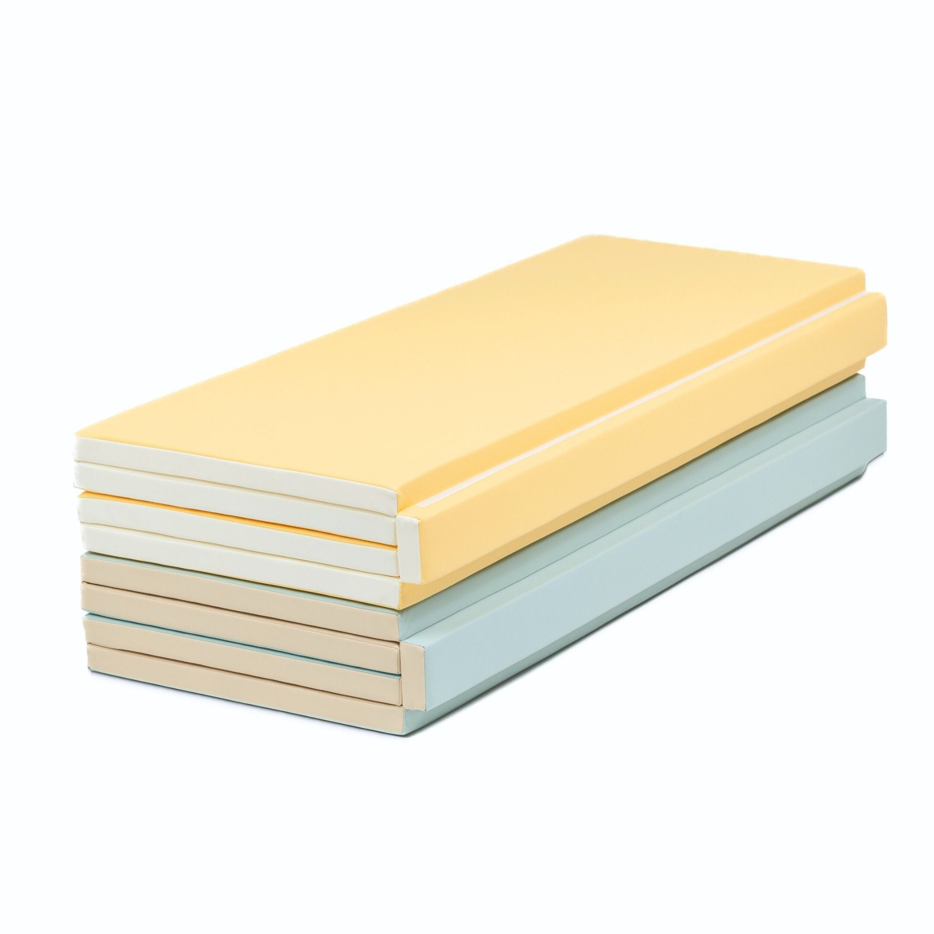 Two non-toxic cushioned baby play mats stacked, showing yellow and teal backing