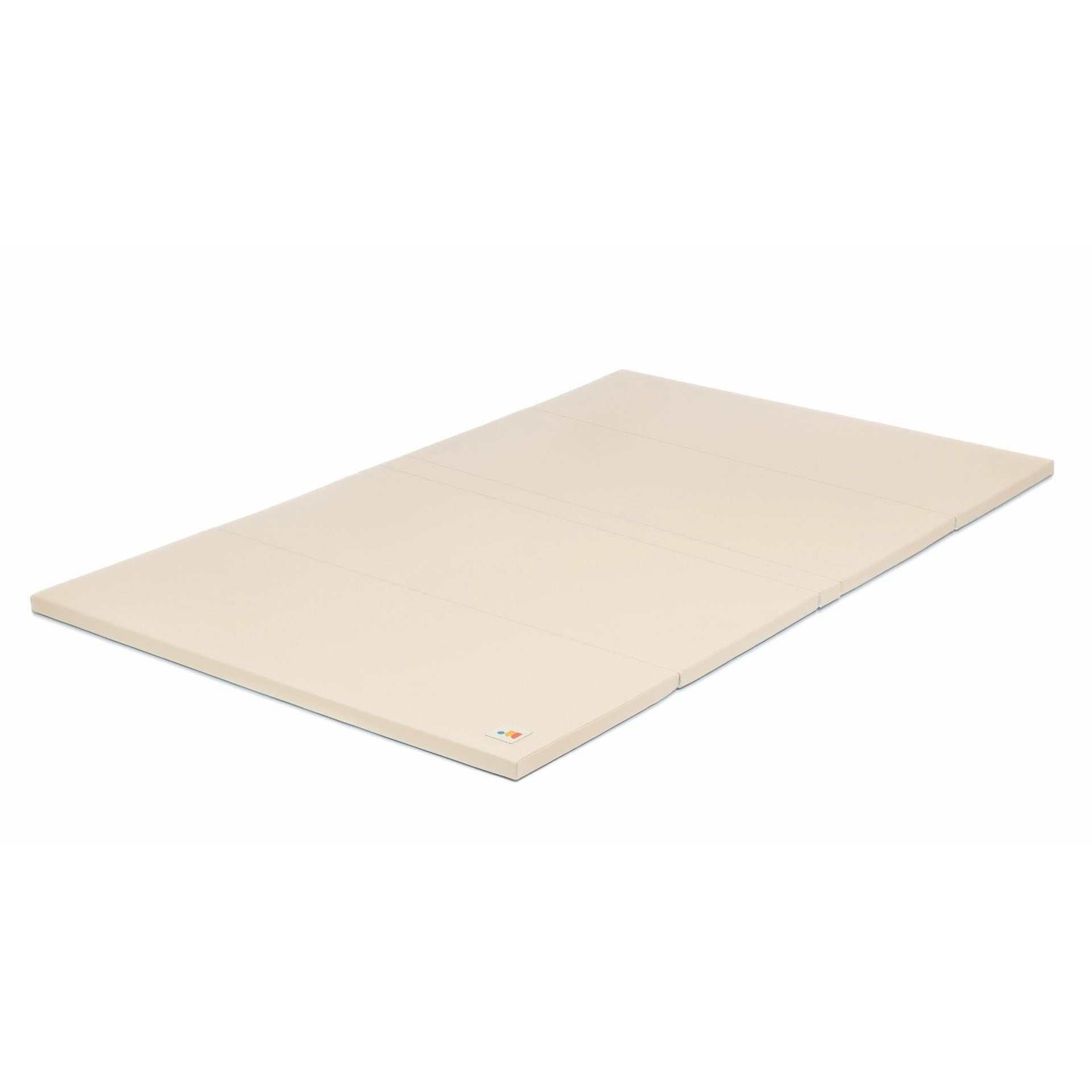 Taupe non-toxic cushioned baby play mat with wipe-clean vegan leather, laid flat on floor