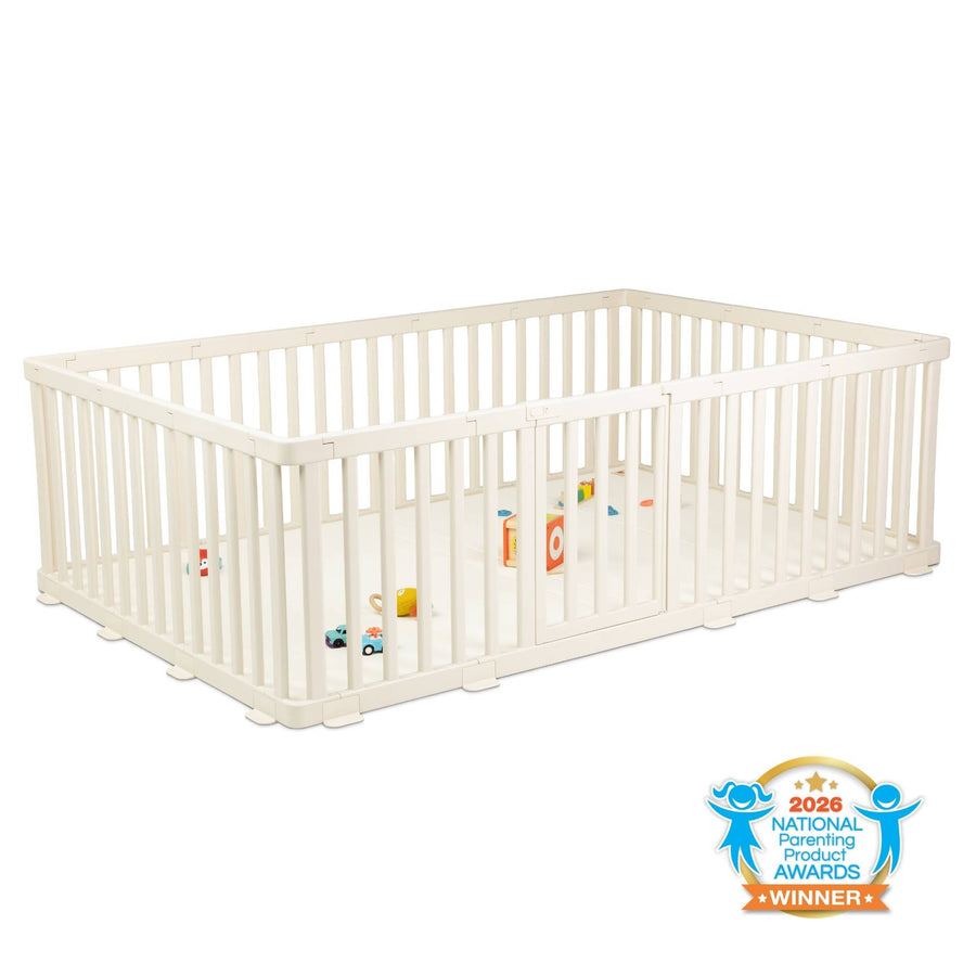 Matty’s Room premium baby playpen and cushioned play mat set on white background with National Parenting Product Awards Seal