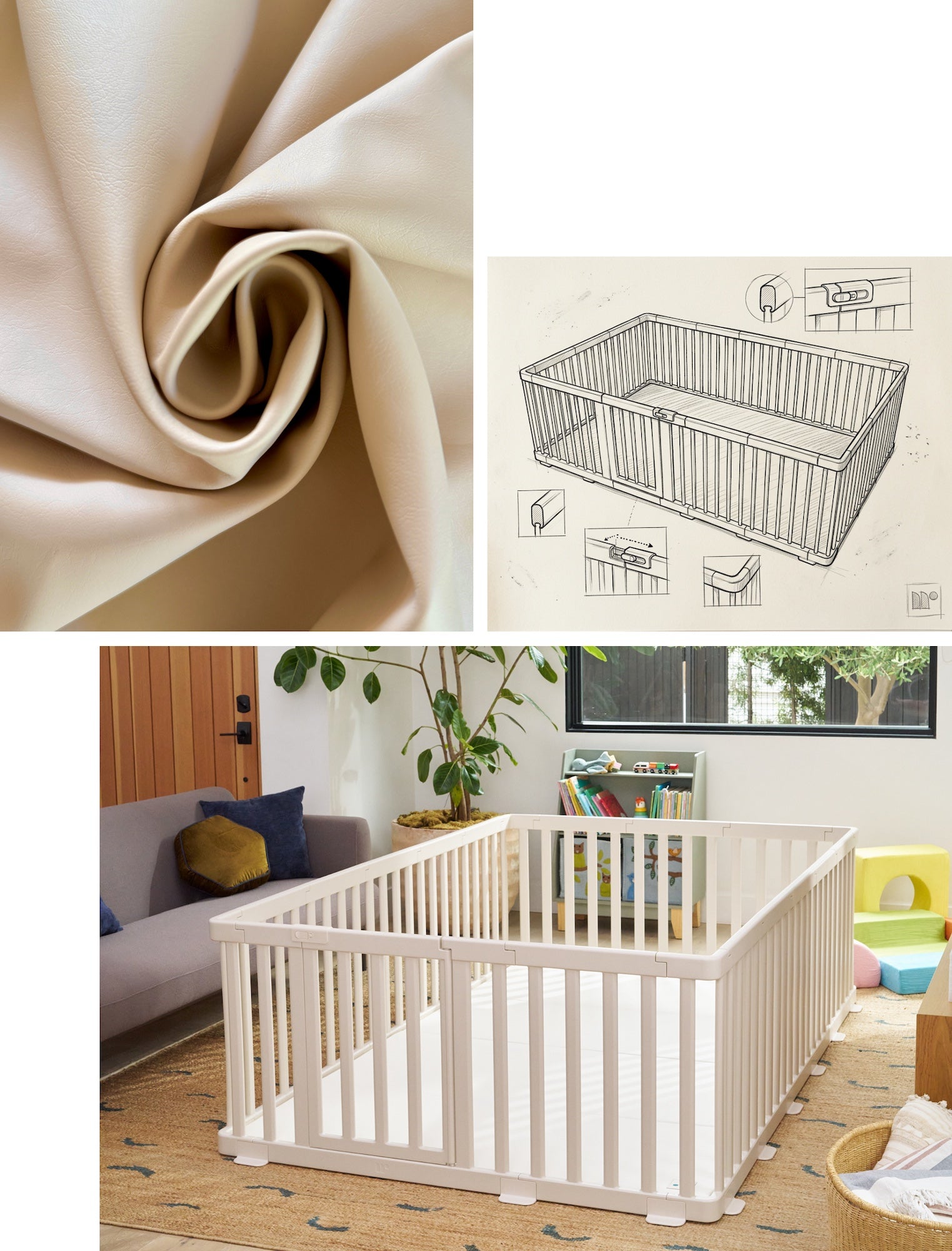 Play mat material texture, playpen blueprint design, and finished playpen and play mat setup