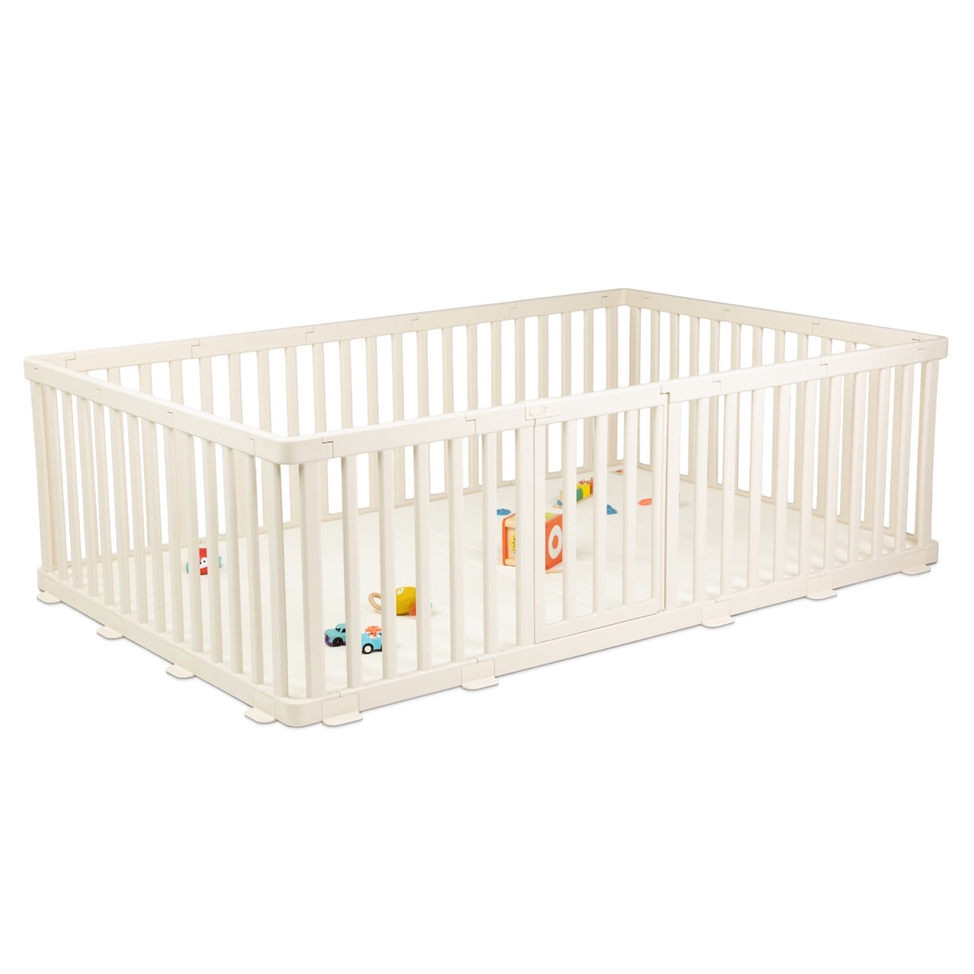 Safe designer playpen and play mat set styled in a modern living room with toys inside
